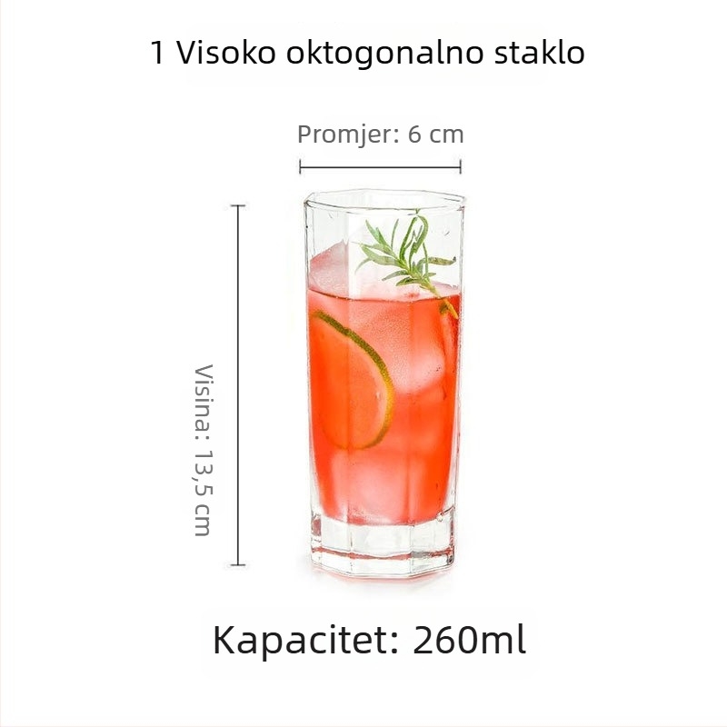 Osmouglasta staklena čaša, moderni minimalistički stil, bez drške i poklopca, s otisnutim logom, prilagodljiva.