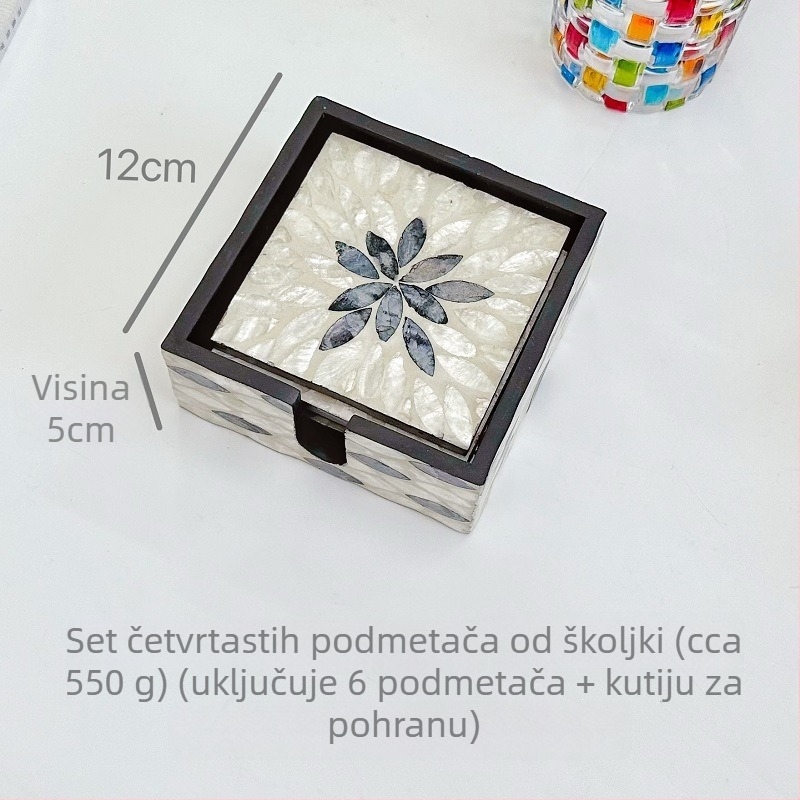 Podložke za tanjure od školjki s cvjetnim uzorkom, kvadratne, Nordic stil (Materijal: školjke; Uzorak: cvijeće; Oblik: kvadrat; Stil: Nordic; Biorazgradivo: Da)