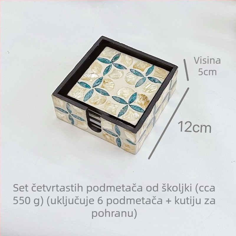 Podložke za tanjure od školjki s cvjetnim uzorkom, kvadratne, Nordic stil (Materijal: školjke; Uzorak: cvijeće; Oblik: kvadrat; Stil: Nordic; Biorazgradivo: Da)