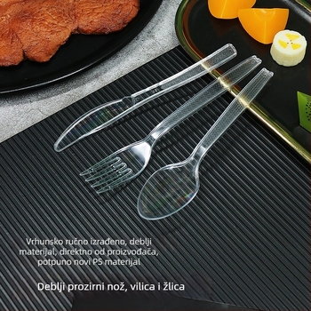 Jednokratni plastični set zapadnjačkog pribora (nož, vilica, žlica) - debljina 0,1 cm; materijal: plastika; mogućnost prilagodbe