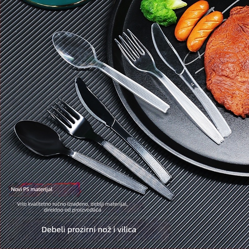 Jednokratni plastični set zapadnjačkog pribora (nož, vilica, žlica) - debljina 0,1 cm; materijal: plastika; mogućnost prilagodbe