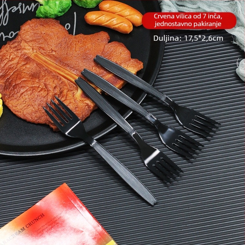 Jednokratni plastični set zapadnjačkog pribora (nož, vilica, žlica) - debljina 0,1 cm; materijal: plastika; mogućnost prilagodbe