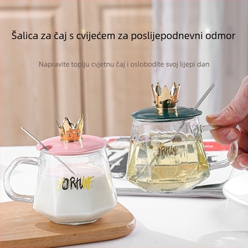 Staklena šalica s poklopcem i žličicom, uredska šalica s držakom, otporna na toplinu, uzorak čekićastog uzorka, nepravilan oblik