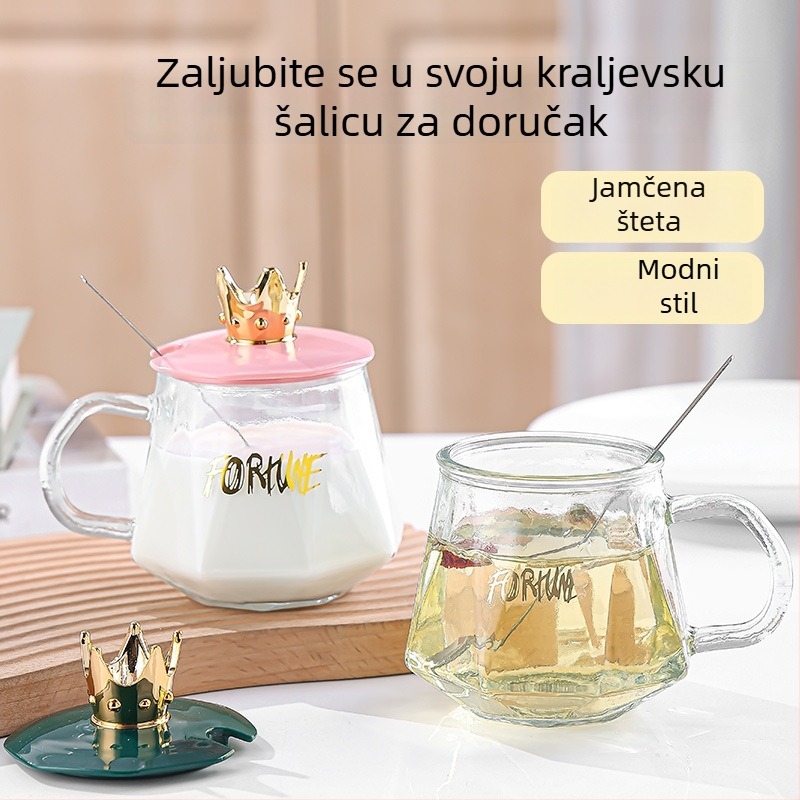 Staklena šalica s poklopcem i žličicom, uredska šalica s držakom, otporna na toplinu, uzorak čekićastog uzorka, nepravilan oblik