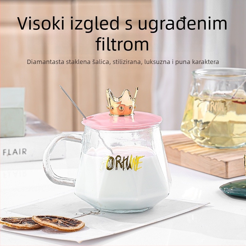 Staklena šalica s poklopcem i žličicom, uredska šalica s držakom, otporna na toplinu, uzorak čekićastog uzorka, nepravilan oblik