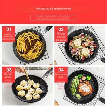 Neprijanjajući tiganj s ravnim dnom, debelog dna; pogodan za steak, jaja i palačinke; višenamjenski kućanski tiganj za plinsku ploču.
