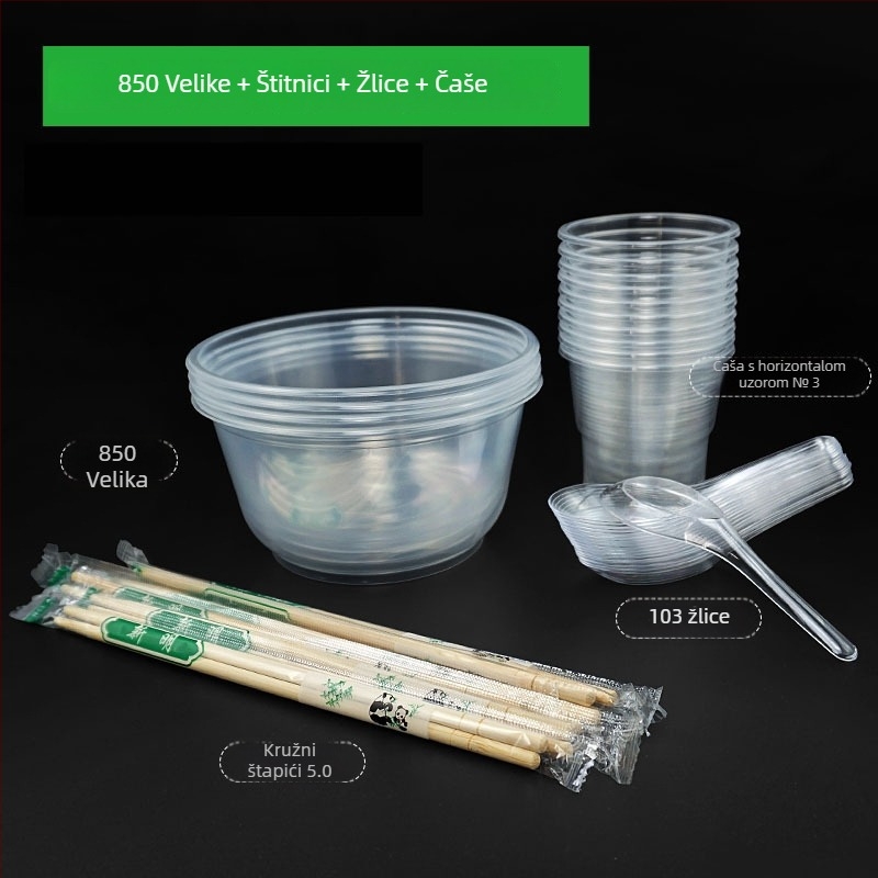 Jednokratni set posuđa: zdjela, štapići za jelo, žlica i čaša; plastika; kružni oblik; 1000 kom/kutija; 100 komada