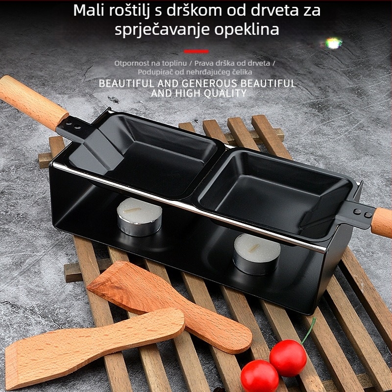 Kreativni set za pečenje sira – Tava za omletu s drvenom drškom, metal+drvo, četvrtastog oblika, odvojiva, lako se čisti (Marka: Dawn; Materijal: metal+drvo; Oblik: četvrtast)