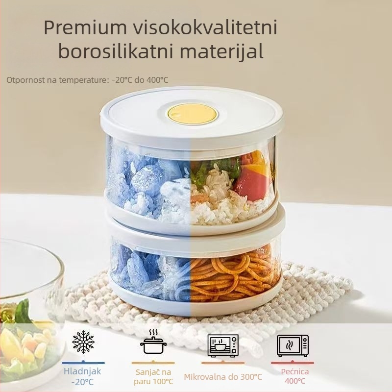 Staklena posuda za čuvanje hrane: okrugla, borosilikatno staklo, hermetički zatvarač, mikrotalasna sigurnost, kapacitet 800–1000 ml