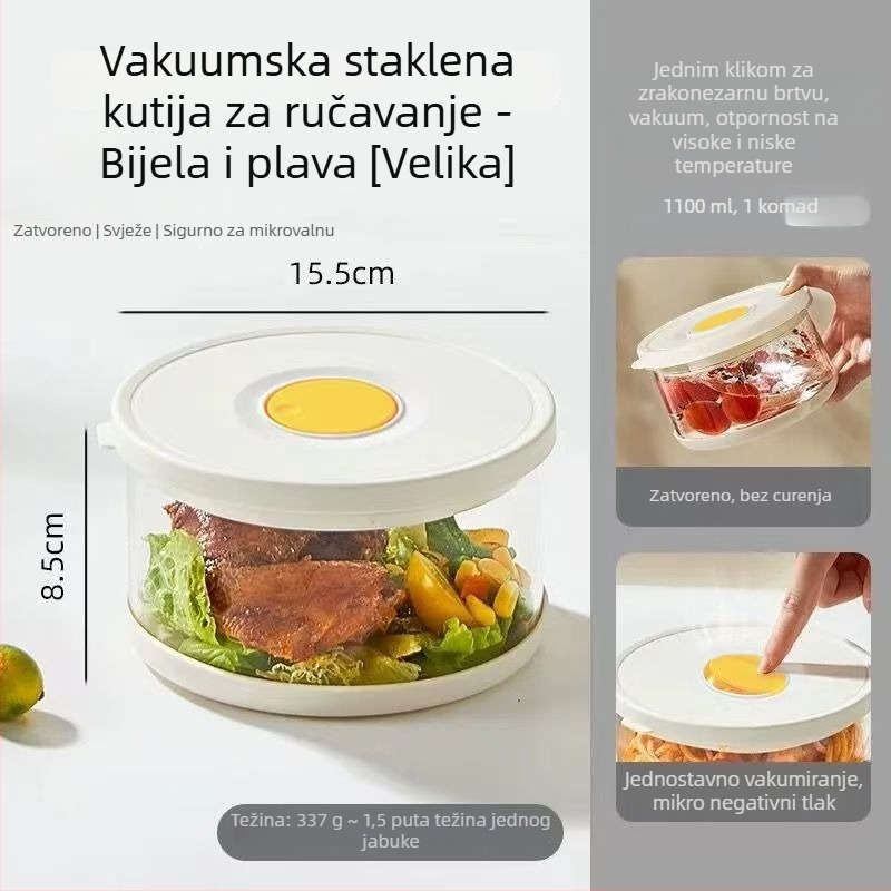 Staklena posuda za čuvanje hrane: okrugla, borosilikatno staklo, hermetički zatvarač, mikrotalasna sigurnost, kapacitet 800–1000 ml
