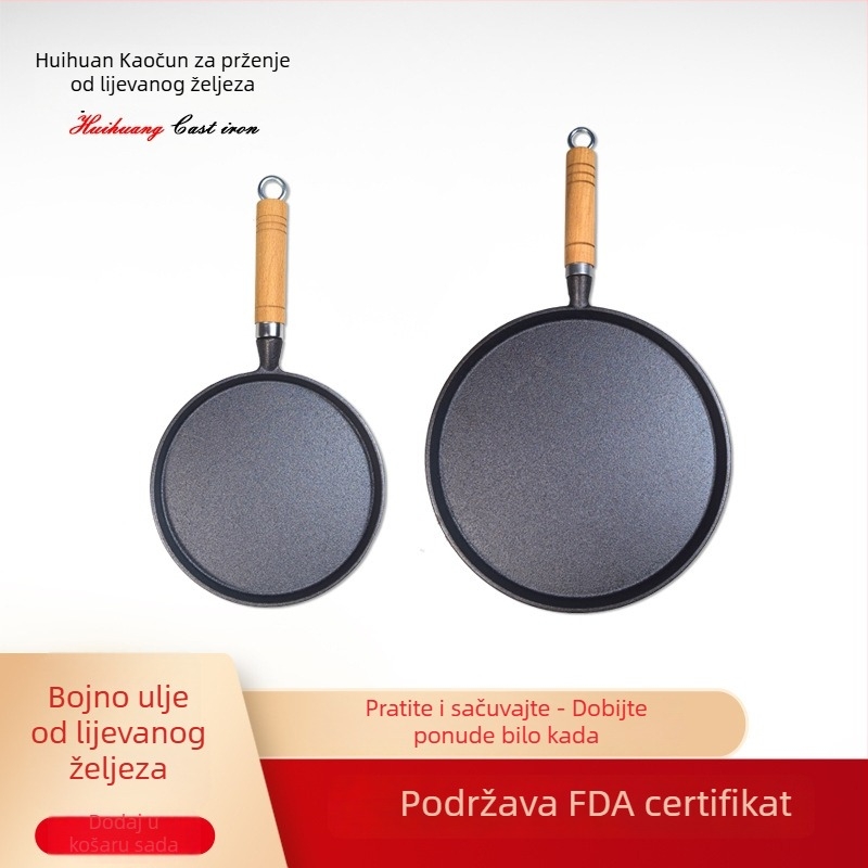 Lijev od lijevanog željeza s ravnim dnom, drvena drška, bez premaza, za prženje, pečenje i kratko pirjanje; pogodna za plin i indukciju