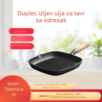Tiganj od lijevanog željeza za prženje s izljevom za ulje, bez premaza, kompatibilan s plinskim i indukcijskim pločama