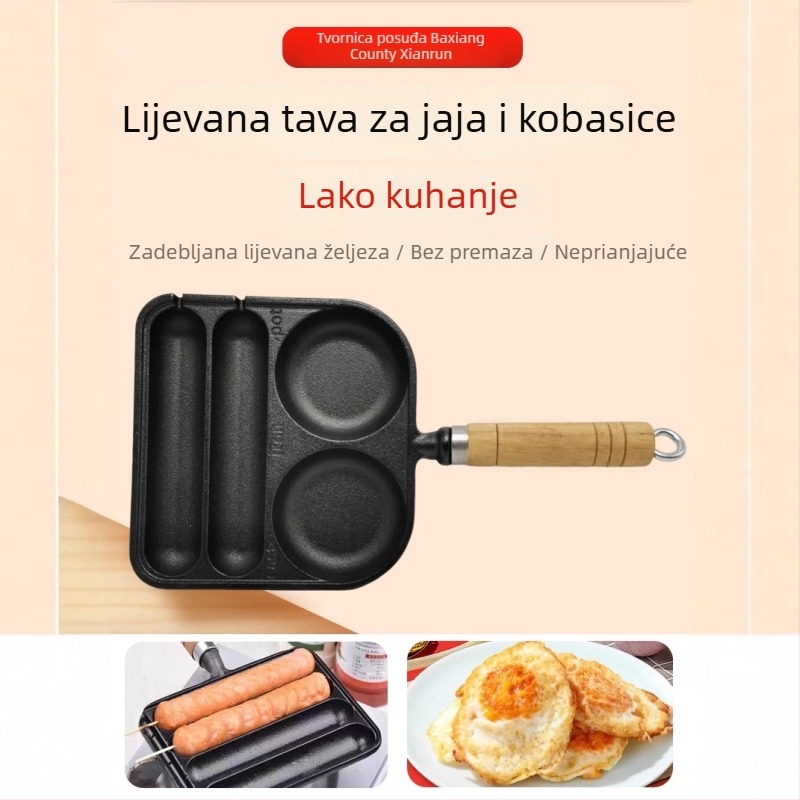 Lijevana grill tava bez premaza od livenog željeza, za kobasice, meso, jaja i rižine kolače; kompatibilna s indukcijskim pločama