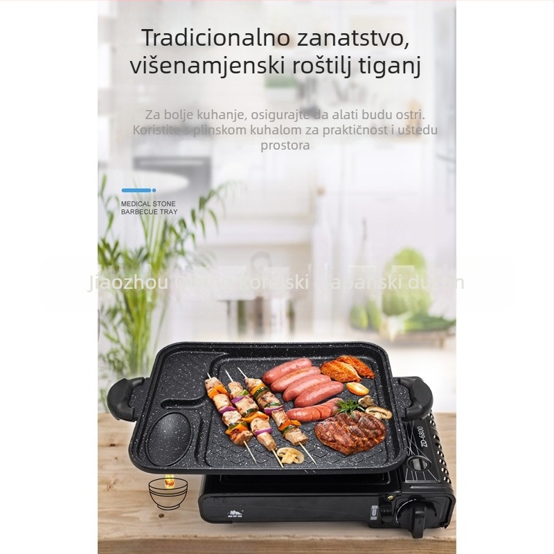 Prijenosni Teppanyaki grill s Maifan kamenom, pravokutnog oblika, legura konstrukcija, 4-slojni Maifan premaz, kompatibilan s indukcijom, plinskom i električnom pločom