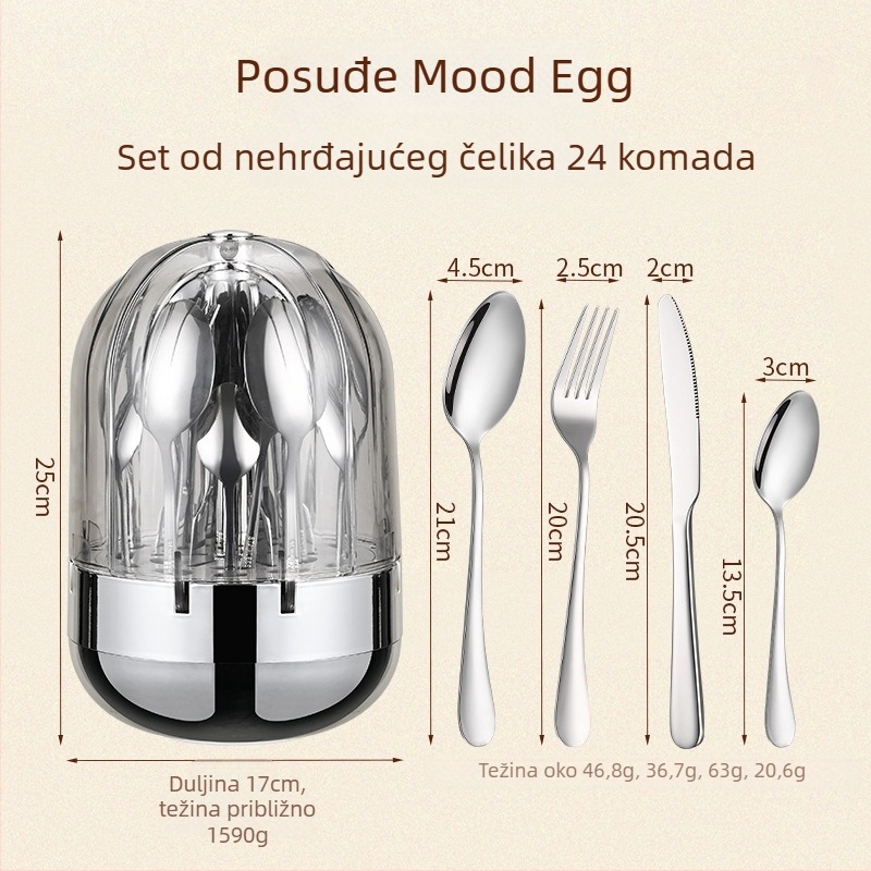 24-dijelni set posuđa od nehrđajućeg čelika s oblikom jajeta — nože, vilice i žlice, 304 nehrđajući čelik, ogledni sjaj, lagani luksuzni stil