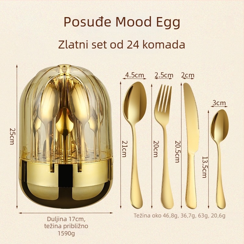 24-dijelni set posuđa od nehrđajućeg čelika s oblikom jajeta — nože, vilice i žlice, 304 nehrđajući čelik, ogledni sjaj, lagani luksuzni stil