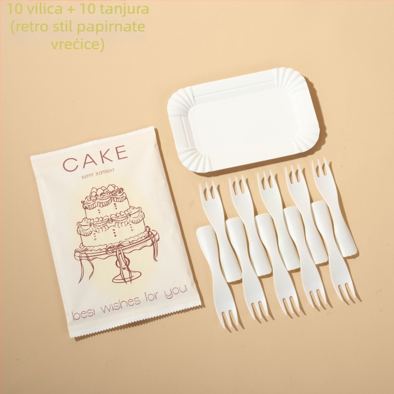 Jednokratni papirnati set pribora za torte – nož, vilica, žlica na pravokutnom tanjuru – crtani stil, 100 setova