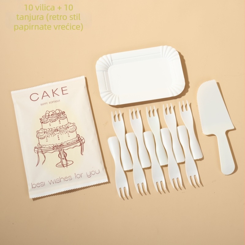 Jednokratni papirnati set pribora za torte – nož, vilica, žlica na pravokutnom tanjuru – crtani stil, 100 setova