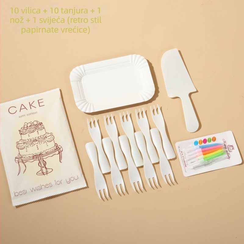Jednokratni papirnati set pribora za torte – nož, vilica, žlica na pravokutnom tanjuru – crtani stil, 100 setova