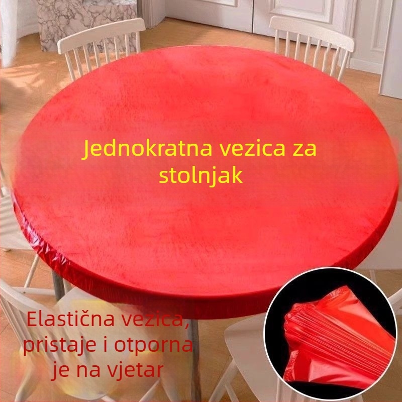 Jednokratni stolnjak s elastičnom šnonom, bez pranja, debeli, otporan na masnoću i vodootporan, crvene boje, okrugli, za Novu godinu i svadbene proslave