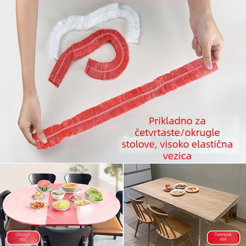 Jednokratni stolnjak s elastičnom šnonom, bez pranja, debeli, otporan na masnoću i vodootporan, crvene boje, okrugli, za Novu godinu i svadbene proslave