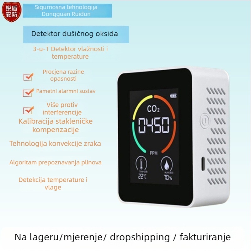 CO2 detektor za kućnu upotrebu, 3-u-1 CO2 tester, mjeri temperaturu i vlagu, model H8-3, raspon mjerenja 400–5000 ppm, točnost ±2%, zaslon 320×320, napajanje 5V