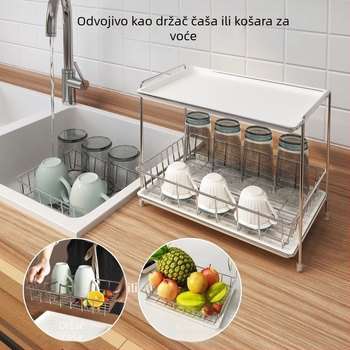Dvostruki držač čaša od nehrđajućeg čelika, stalak za čaše i čajne čaše s odvodnom posudom, na ploču, bez bušenja, moderni minimalistički stil