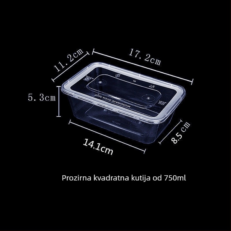 Jednokratna pravokutna kutija za obrok, prozirnog čvrstog plastičnog materijala, mikrovalna kompatibilna, za dostavu