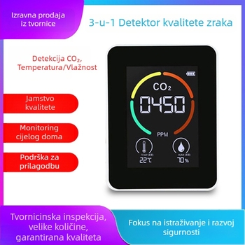 3-u-1 CO2 tester s mjerenjem CO2, temperature i vlage – raspon 400–5000 ppm, rezolucija 1 ppm, točnost 10 ppm, napajanje Type-C