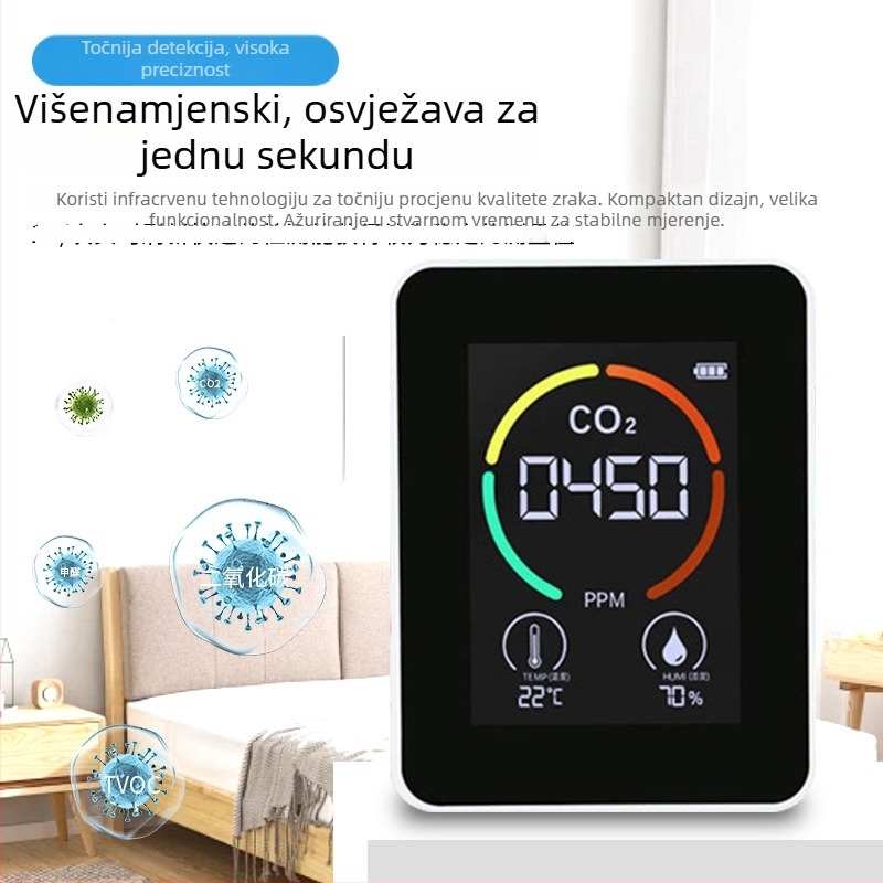 3-u-1 CO2 tester s mjerenjem CO2, temperature i vlage – raspon 400–5000 ppm, rezolucija 1 ppm, točnost 10 ppm, napajanje Type-C
