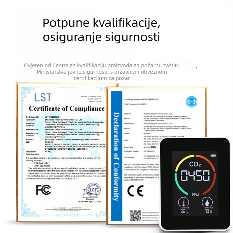 3-u-1 CO2 tester s mjerenjem CO2, temperature i vlage – raspon 400–5000 ppm, rezolucija 1 ppm, točnost 10 ppm, napajanje Type-C