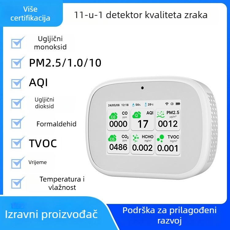 11-u-1 Detektor kvalitete zraka s infracrvenim senzorom - PM2.5, CO, CO2, TVOC i formaldehid monitor, Type-C napajanje