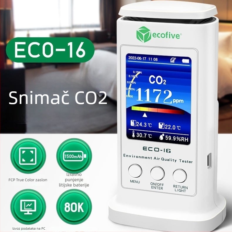 CO2 detektor ECO-16 s registrom temperature i vlage za unutarnju kvalitetu zraka i upozorenje koncentracije CO2