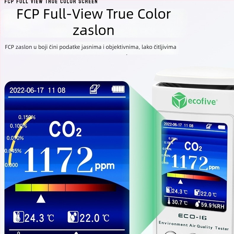 CO2 detektor ECO-16 s registrom temperature i vlage za unutarnju kvalitetu zraka i upozorenje koncentracije CO2