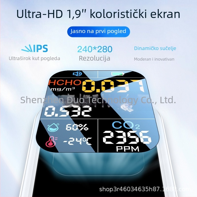 Prijenosni detektor CO2 i kvalitetze zraka s formaldehidom i TVOC, CO2 400–5000 ppm, formaldehid 0–9.999 mg/m³, TVOC 0–9.999 mg/m³, točnost ±5%, zaslon 240×250