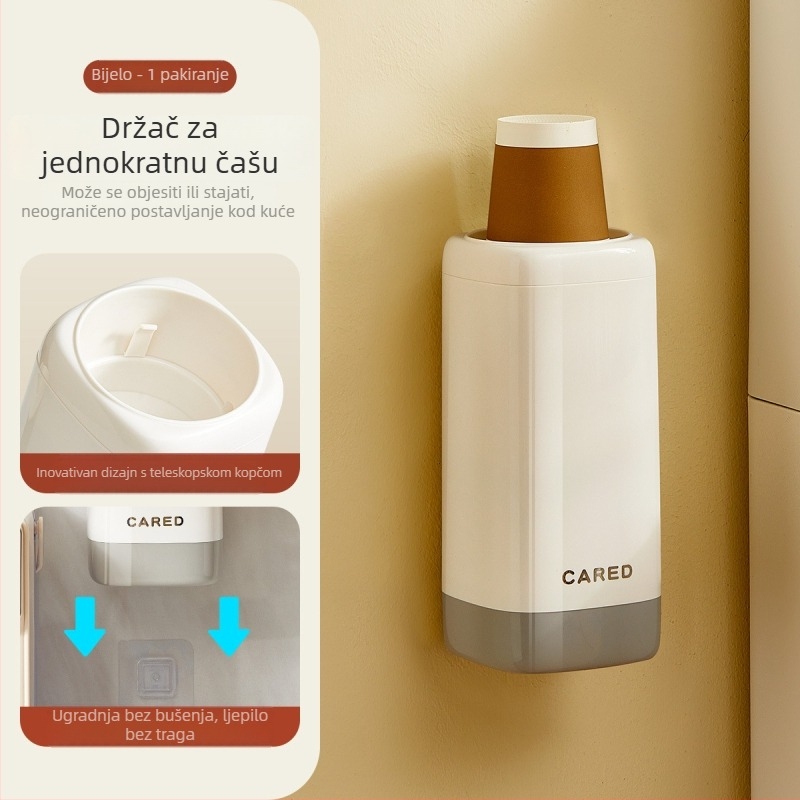 Zidni dispenser za čaše, plastična držač za jednokratne čaše, minimalistički dizajn, univerzalna kompatibilnost, težina 380 g, bez bušenja