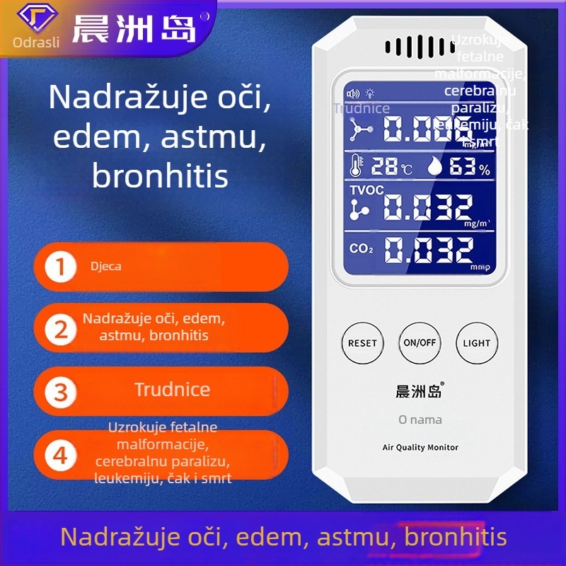 Višeparametarski mjerni uređaj za kvalitetu zraka: formaldehid, CO2, TVOC, temperatura i vlaga