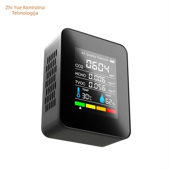 Prijenosni infracrveni CO2 detektor s 5-u-1 monitorom kvalitete zraka: mjeri CO2 400–5000 ppm, formaldehid, TVOC, temperaturu i vlagu; model PG-L58, rezolucija 1 ppm.