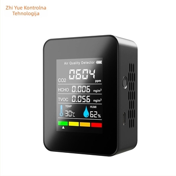 Prijenosni infracrveni CO2 detektor s 5-u-1 monitorom kvalitete zraka: mjeri CO2 400–5000 ppm, formaldehid, TVOC, temperaturu i vlagu; model PG-L58, rezolucija 1 ppm.