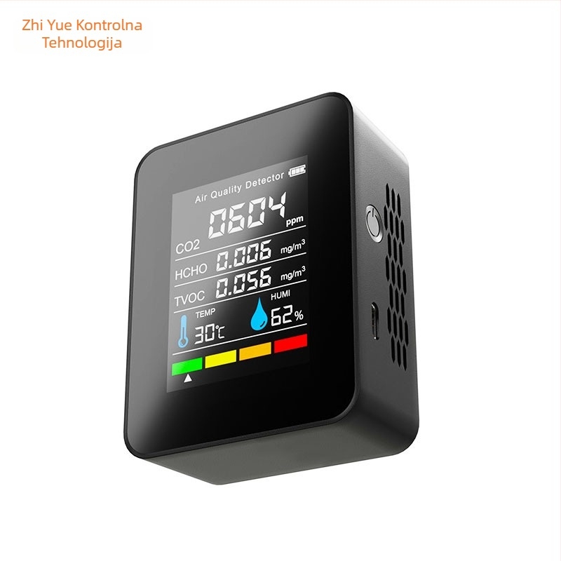 Prijenosni infracrveni CO2 detektor s 5-u-1 monitorom kvalitete zraka: mjeri CO2 400–5000 ppm, formaldehid, TVOC, temperaturu i vlagu; model PG-L58, rezolucija 1 ppm.