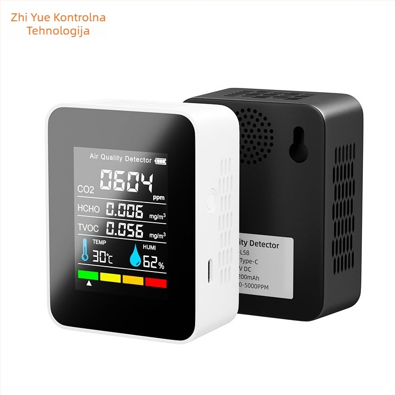 Prijenosni infracrveni CO2 detektor s 5-u-1 monitorom kvalitete zraka: mjeri CO2 400–5000 ppm, formaldehid, TVOC, temperaturu i vlagu; model PG-L58, rezolucija 1 ppm.