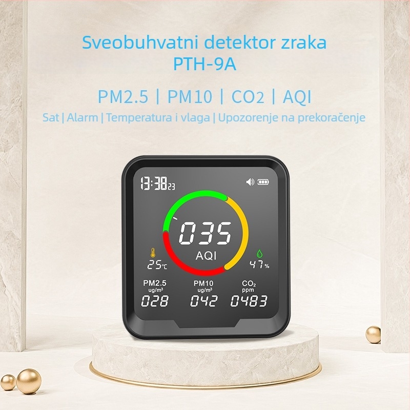 PTH-9A Unutarnji/Vanjski detektor kvalitete zraka: PM2.5, PM10, CO2; pokriće 40 m2; točnost 0.01; napajanje Type-C
