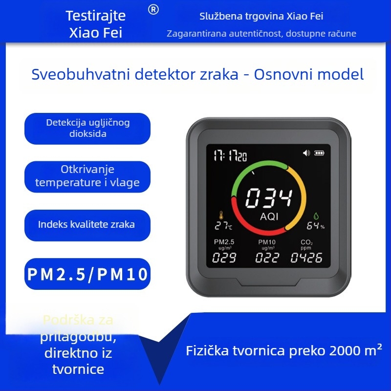 PTH-9A Unutarnji/Vanjski detektor kvalitete zraka: PM2.5, PM10, CO2; pokriće 40 m2; točnost 0.01; napajanje Type-C