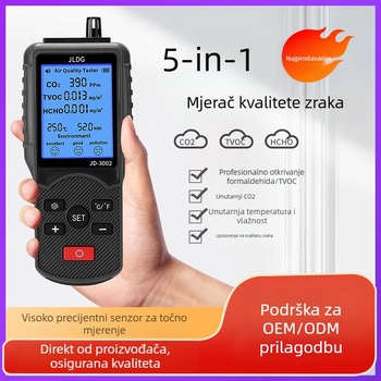 JD-3002 višefunkcijski mjerač kvalitete zraka – raspon CO2 380-2000 ppm; HCHO 0.000-1.000 mg/m3; mjeri CO2, TVOC, HCHO, temperaturu i vlagu; Napajanje: DC5V s ugrađenom baterijom od 2000 mAh, model JD-3002