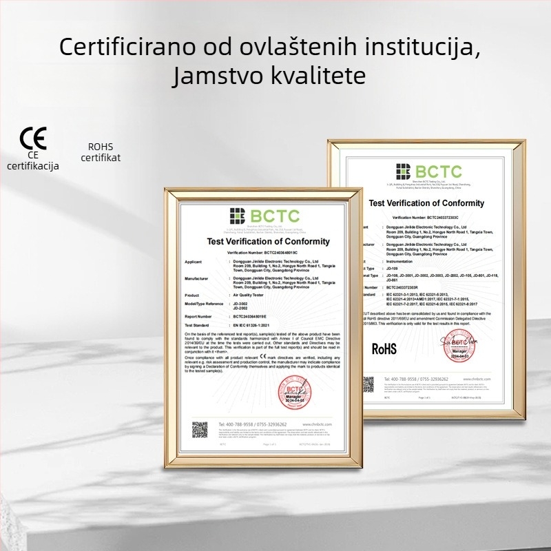 JD-3002 višefunkcijski mjerač kvalitete zraka – raspon CO2 380-2000 ppm; HCHO 0.000-1.000 mg/m3; mjeri CO2, TVOC, HCHO, temperaturu i vlagu; Napajanje: DC5V s ugrađenom baterijom od 2000 mAh, model JD-3002