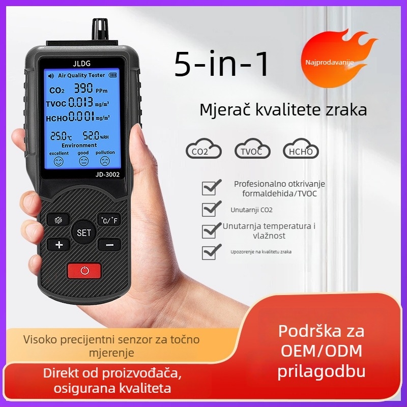 JD-3002 višefunkcijski mjerač kvalitete zraka – raspon CO2 380-2000 ppm; HCHO 0.000-1.000 mg/m3; mjeri CO2, TVOC, HCHO, temperaturu i vlagu; Napajanje: DC5V s ugrađenom baterijom od 2000 mAh, model JD-3002