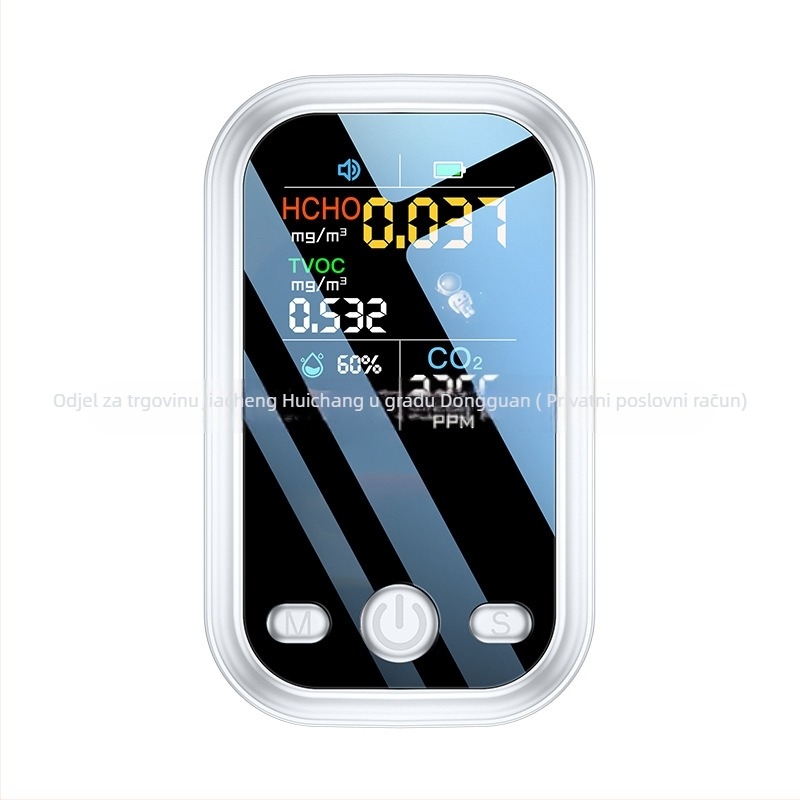 Prijenosni detektor kvalitete zraka D7 — formaldehid 0–9.999 mg/m³, TVOC 0–9.999 mg/m³, CO2 400–5000 ppm; točnost ±5%; napajanje Type-C