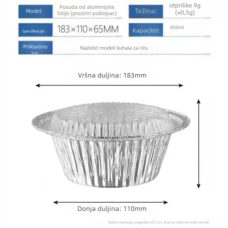 Jednokratna okrugla posuda od aluminijske folije s poklopcem – nije pogodna za mikrovalnu, pakiranje 1000 komada, mogućnost tiska logotipa, prilagodba