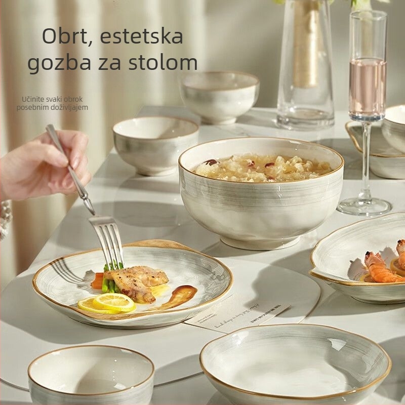 Porcelanski set posuđa s podglazurnim završetkom, duboke tanjure, mikrovalna sigurnost, svijetlo-luksuzni retro stil, mogućnost ispisa logotipa
