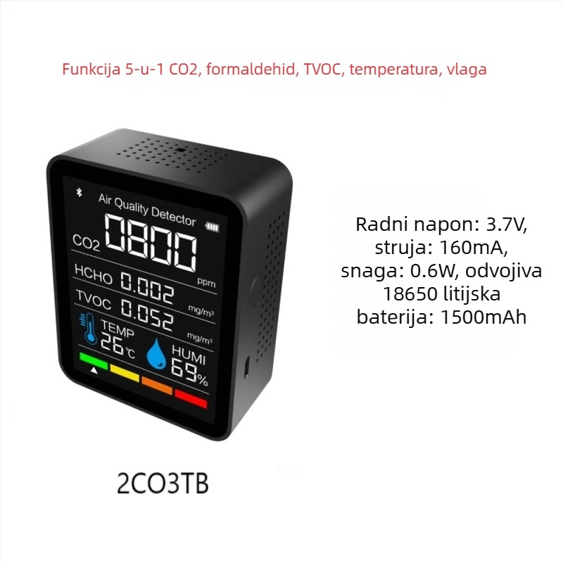 Bluetooth CO2 detektor s TVOC i formaldehidom, s aplikacijom, 60 dana pohrane podataka, model 2CO3TB-5-in-1